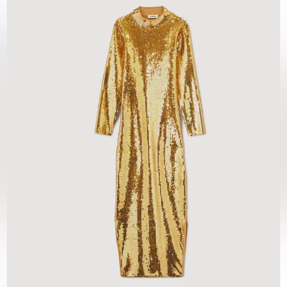 SANDRO Dore’ Gold Midi Dress Squin New $585- side split sexy bodycon BDay Bash🤩 - Picture 7 of 15